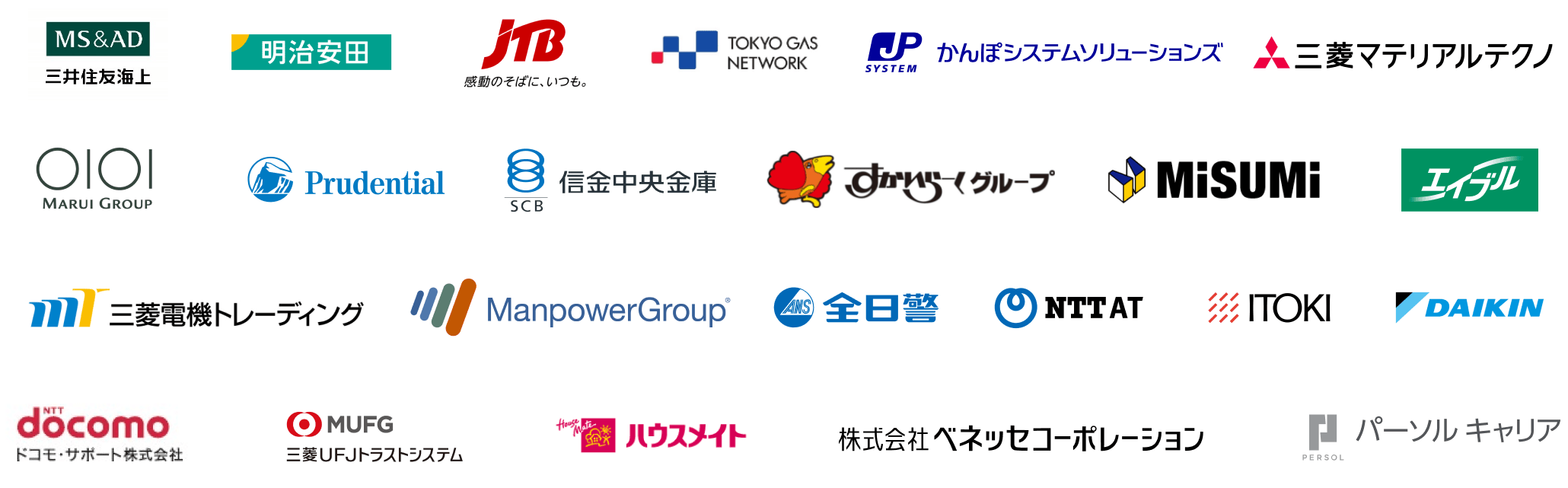 契約企業ロゴ 三井住友海上, 明治安田, JTB, 東京ガスネットワーク, かんぽシステムソリューションズ, 三菱マテリアルテクノ株式会社, 丸井グループ, Prudential, 信金中央金庫, すかいらーくグループ, MISUMI, エイブル, 三菱電機トレーディング株式会社, マンパワーグループ, 株式会社全日警, NTT-AT, イトーキ, ダイキン工業株式会社, ドコモ・サポート株式会社, 三菱ＵＦＪトラストシステム株式会社, ハウスメイト, 株式会社ベネッセコーポレーション, パーソルキャリア